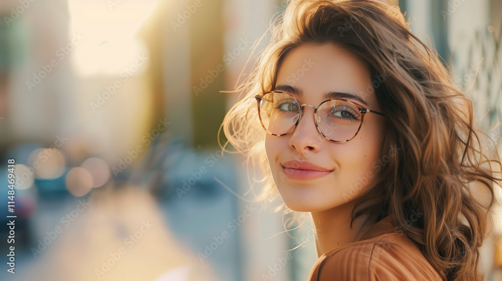 Portrait of Young Woman with Glasses Smiling in Sunlit Urban Setting - Perfect for Lifestyle or Fashion Features Portrait of Young Woman with Glasses Smiling in Sunlit Urban Setting - Perfect for Lifestyle or Fashion Features