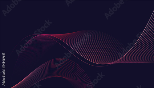 Dark abstract background featuring glowing, flowing wave lines in a modern purple-to-blue gradient. Futuristic design with shiny, smooth motion, perfect for technology-inspired visuals. Vector 