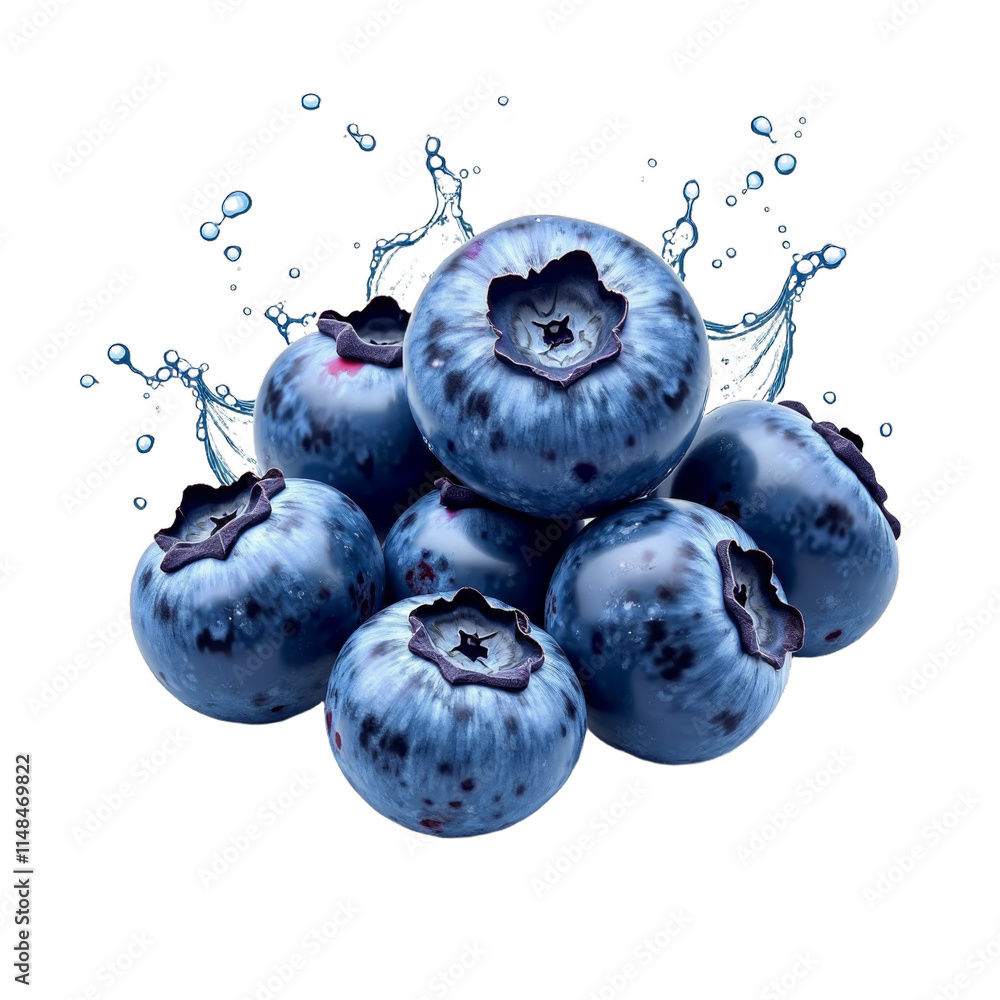 A group of blueberries with water splashing around them