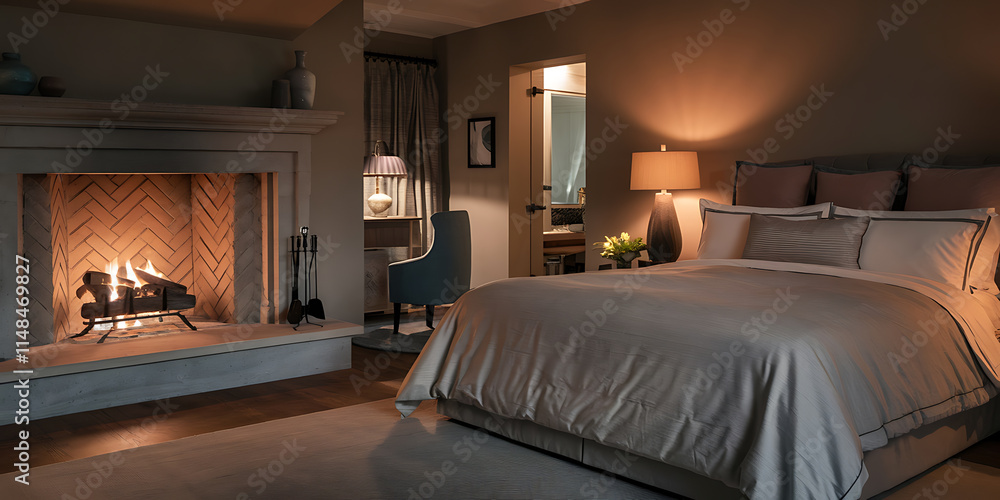 of a king bed with soft bedding near a fireplace of a king bed with soft bedding near a fireplace
