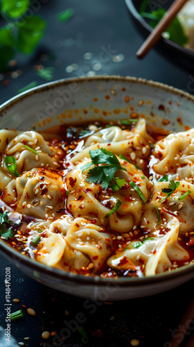 Wontons in rich red chili sauce with sesame seeds and scallions garnish photo