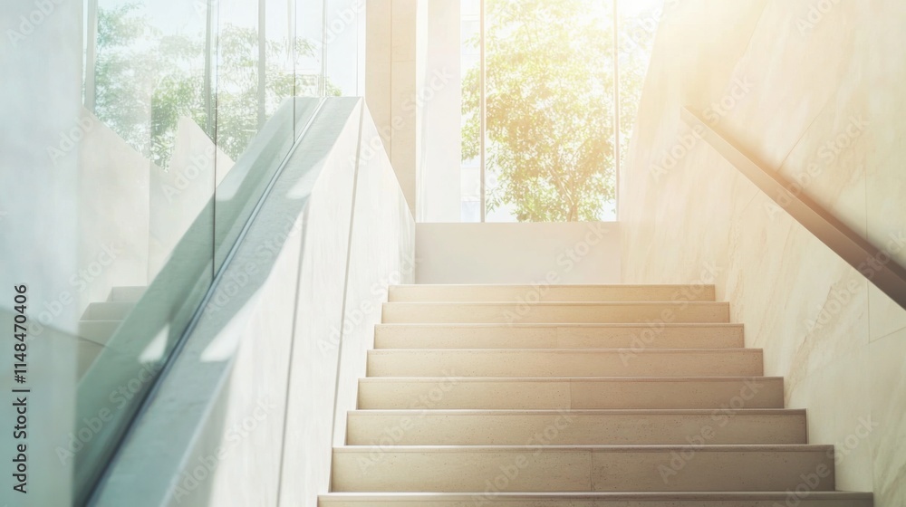 Fototapeta premium Minimalist modern staircase with clean, elegant design. Featuring neutral tones and sleek materials