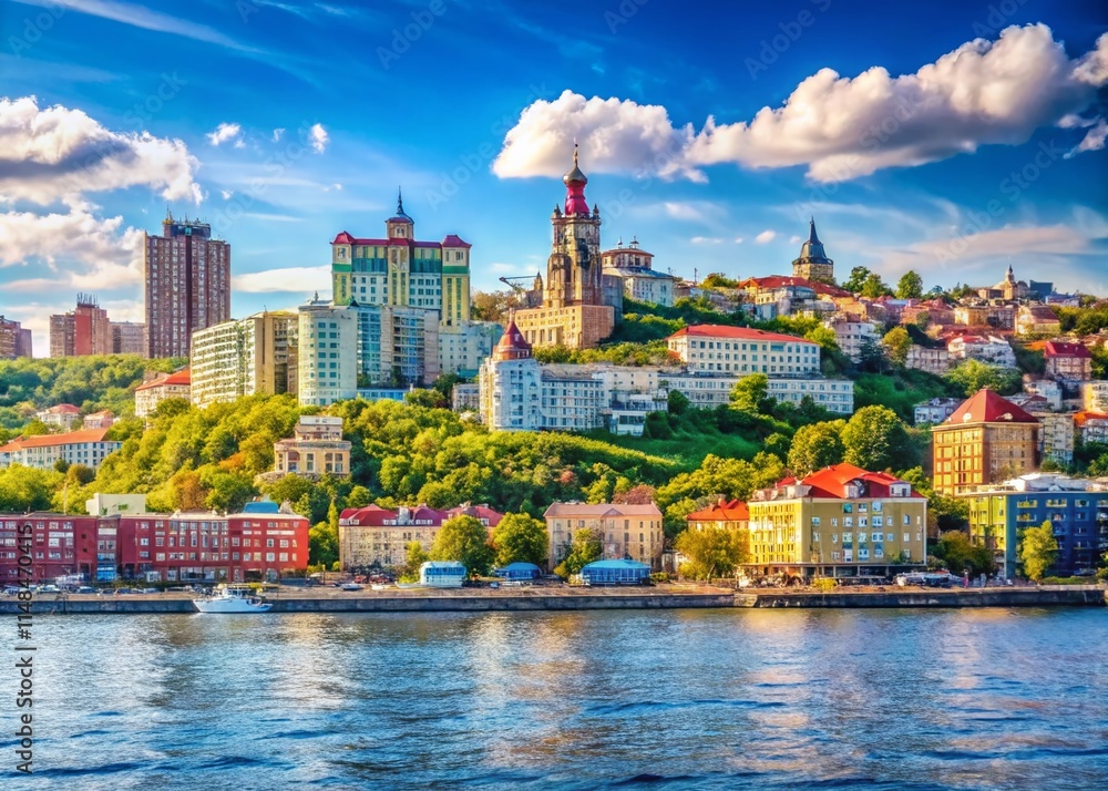 Obraz premium Vladivostok Cityscape Seascape Sunny Day Panorama - Stunning Coastal View from the Ocean