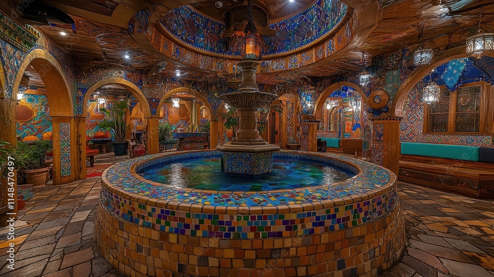 Obraz premium A traditional Moroccan riad with colorful mosaic tiles, a central fountain surrounded by intricately carved wooden arches, and vibrant textiles adorning the interiors, illuminated by soft lantern