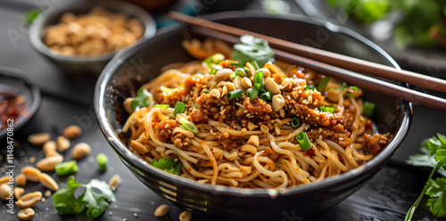 Dynamic Dan Dan noodles with spicy sauce, peanuts, and textured noodles