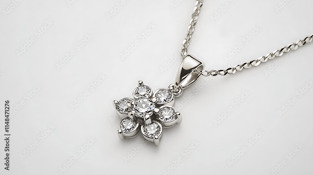 Elegant white gold necklace with diamond pendant, on a plain white background. Elegant white gold necklace with diamond pendant, on a plain white background.