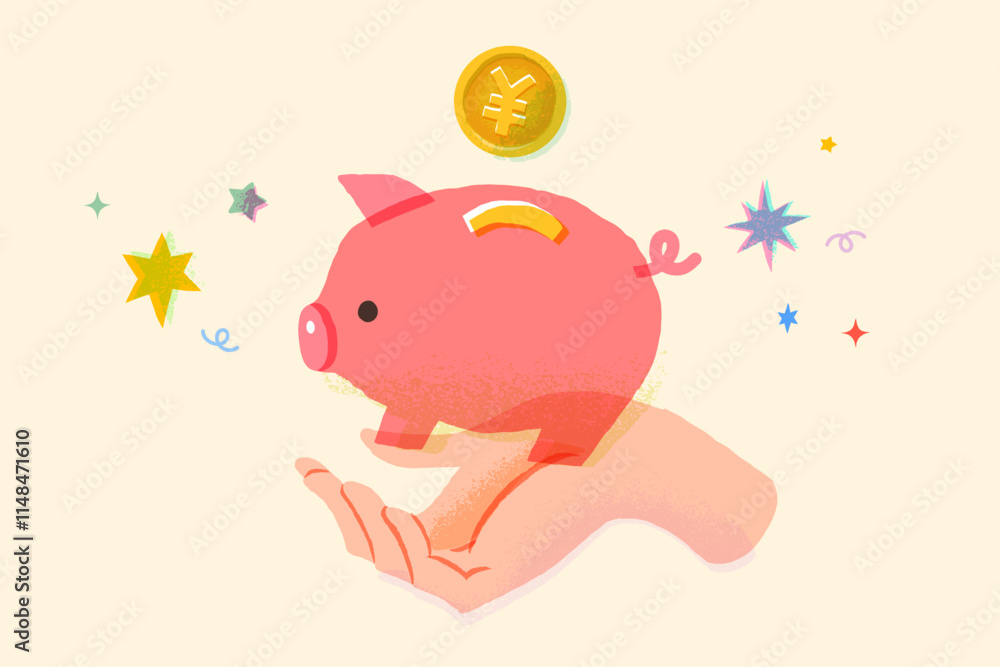 Obraz premium 豚の貯金箱を持つ手、貯金や投資、副業などのイメージイラスト