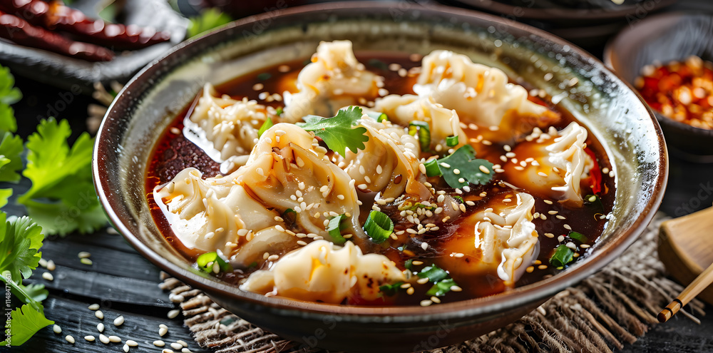 Dynamic Wontons in glossy spicy sauce with sesame seeds, scallions, and cilantro Dynamic Wontons in glossy spicy sauce with sesame seeds, scallions, and cilantro