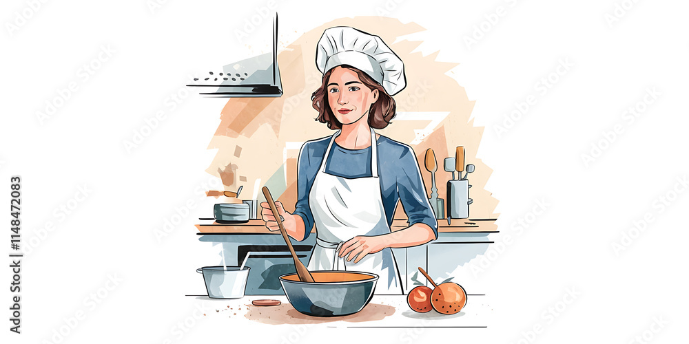A watercolor style illustration of a baking scene with a woman wearing a white apron and a chef's hat A watercolor style illustration of a baking scene with a woman wearing a white apron and a chef's hat
