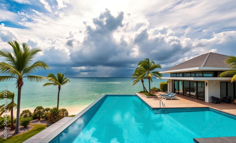 Fototapeta premium Modern beach house with infinity pool and palm trees ocean front property ocean property house home beach real estate