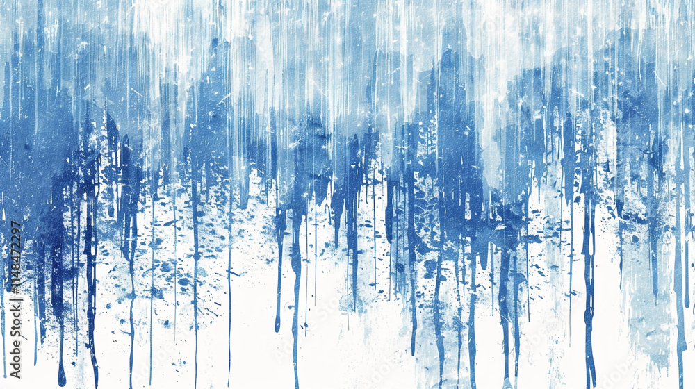 A blue and white painting of trees with blue paint splatters. A blue and white painting of trees with blue paint splatters.