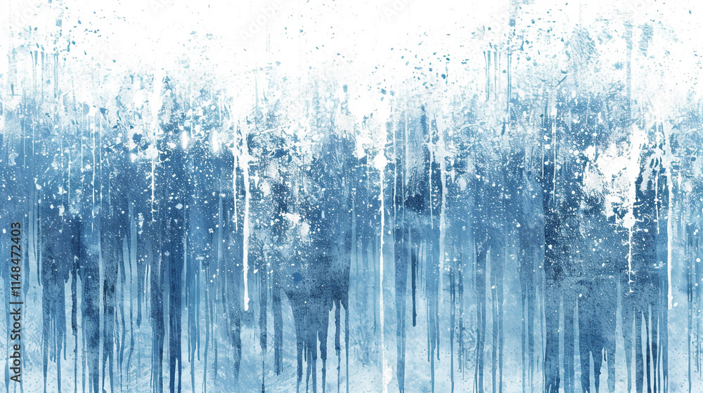 A blue and white painting of trees with blue paint splatters. A blue and white painting of trees with blue paint splatters.