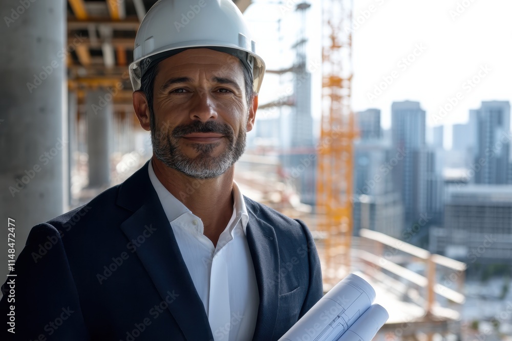A smiling architect proudly stands at a construction site holding blueprints, showcasing confidence and commitment to shaping cities through innovative projects. A smiling architect proudly stands at a construction site holding blueprints, showcasing confidence and commitment to shaping cities through innovative projects.