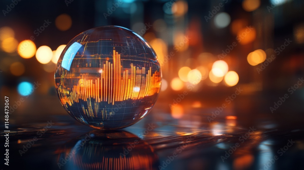 Futuristic Data Visualization in Glass Sphere with Bokeh Background Futuristic Data Visualization in Glass Sphere with Bokeh Background