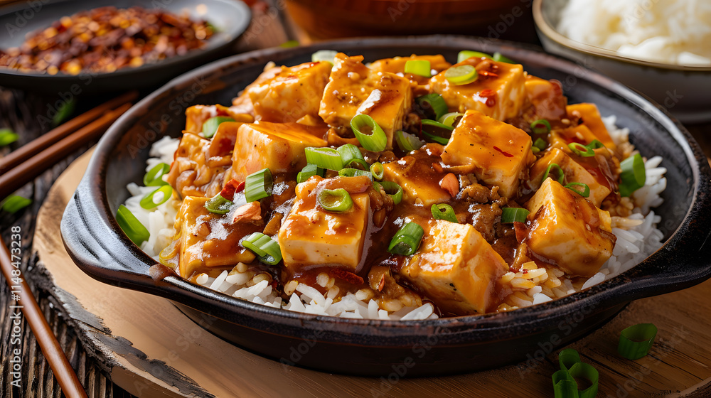 Steamed rice topped with Mapo Tofu, Sichuan spices, chili flakes, and minced pork Steamed rice topped with Mapo Tofu, Sichuan spices, chili flakes, and minced pork