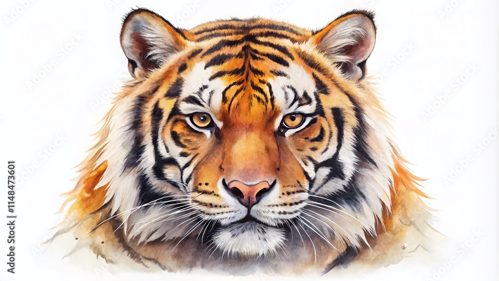 Obraz premium Watercolor Tiger Head, Hand Drawn Animal Portrait, Wildlife Art, Big Cat Illustration, Isolated Tiger Face, Bengal Tiger Painting, Jungle Animal Artwork