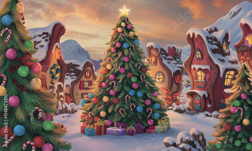 Whimsical Whoville Inspired Clip Art Featuring Colorful Houses, Trees, and Festive Elements,delightful Christmas illustration featuring festive decorations, twinkling snowflakes, and a warm winter
