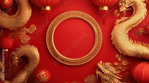 Wallpaper Mural Chinese New Year frame with a golden dragon at the bottom, lanterns at the top, and a circular product space at the center on red. Torontodigital.ca