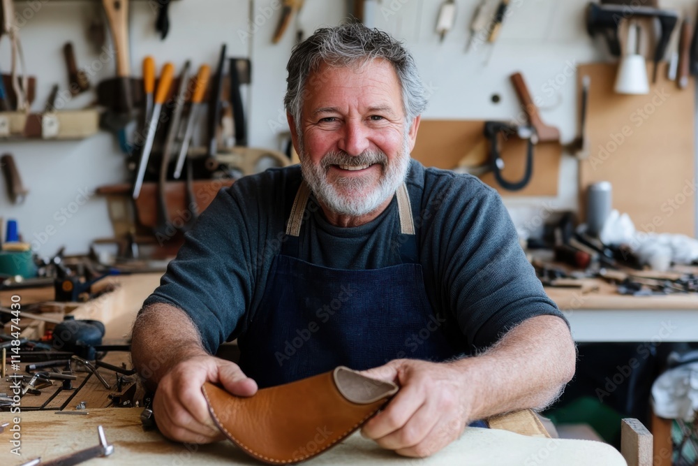 A cheerful artisan showcases their leatherwork in a studio filled with tools, exemplifying dedication to craft and the joy of creating bespoke handmade pieces. A cheerful artisan showcases their leatherwork in a studio filled with tools, exemplifying dedication to craft and the joy of creating bespoke handmade pieces.