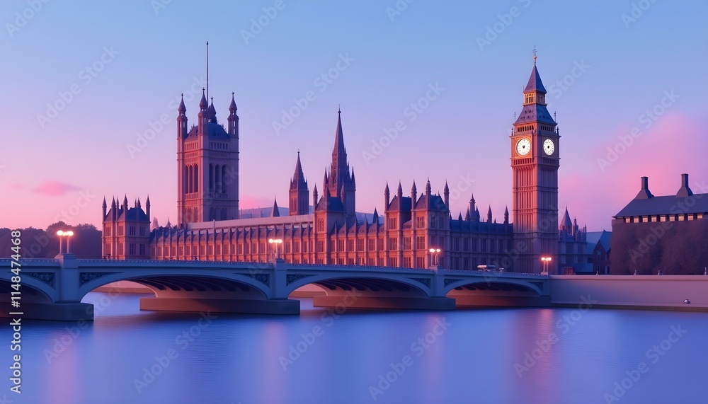 The Houses of Parliament line the riverbank, their details simplified. The minimalist style captures the timeless elegance of London, a captivating city bathed in the warm glow of dusk The Houses of Parliament line the riverbank, their details simplified. The minimalist style captures the timeless elegance of London, a captivating city bathed in the warm glow of dusk
