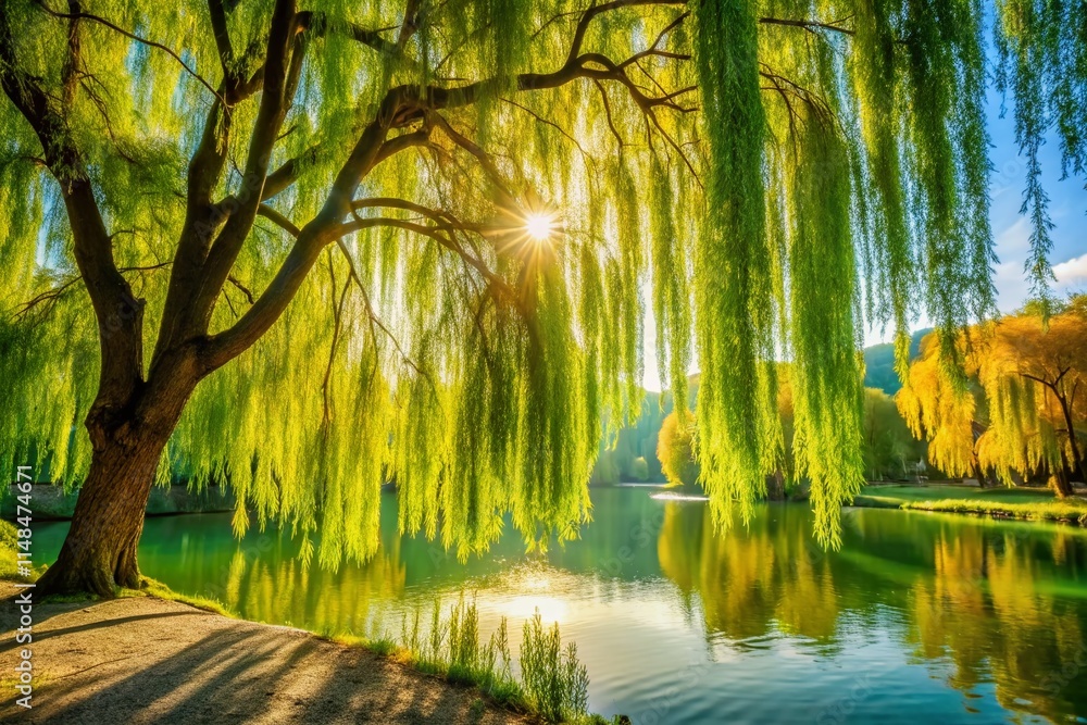 Obraz premium Weeping Willow Tree, Elegant Willow Branches, Willow Photography, Willow Tree Landscape, Spring Willow, Willow Silhouette, Nature Willow, Willow Background, Willow Image