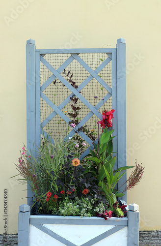 original flowerbed in the form of a chair with various flowering plants photo