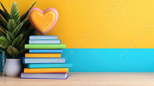 Wallpaper Mural Colorful Books and Heart Decoration with Plant on Wooden Table Against Bright Yellow Wall Torontodigital.ca