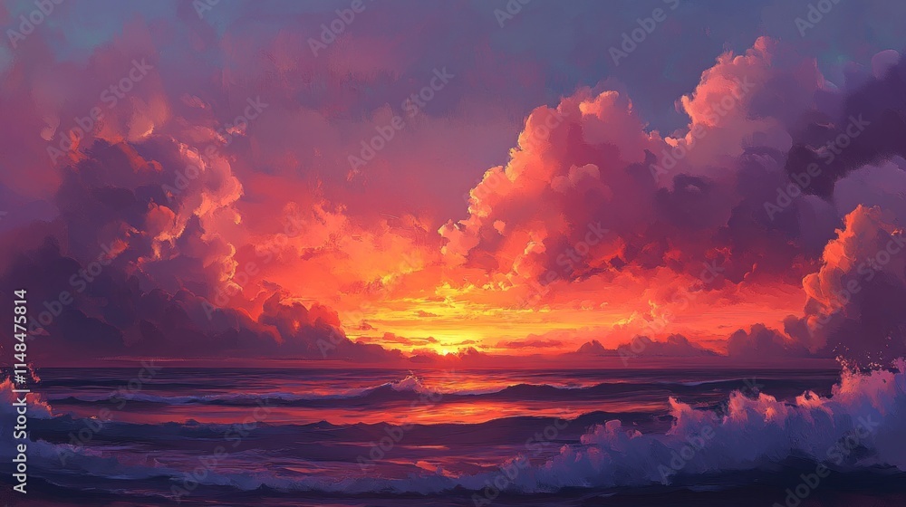 Naklejka premium Vibrant Sunset Over Ocean Waves Dramatic Cloudscape