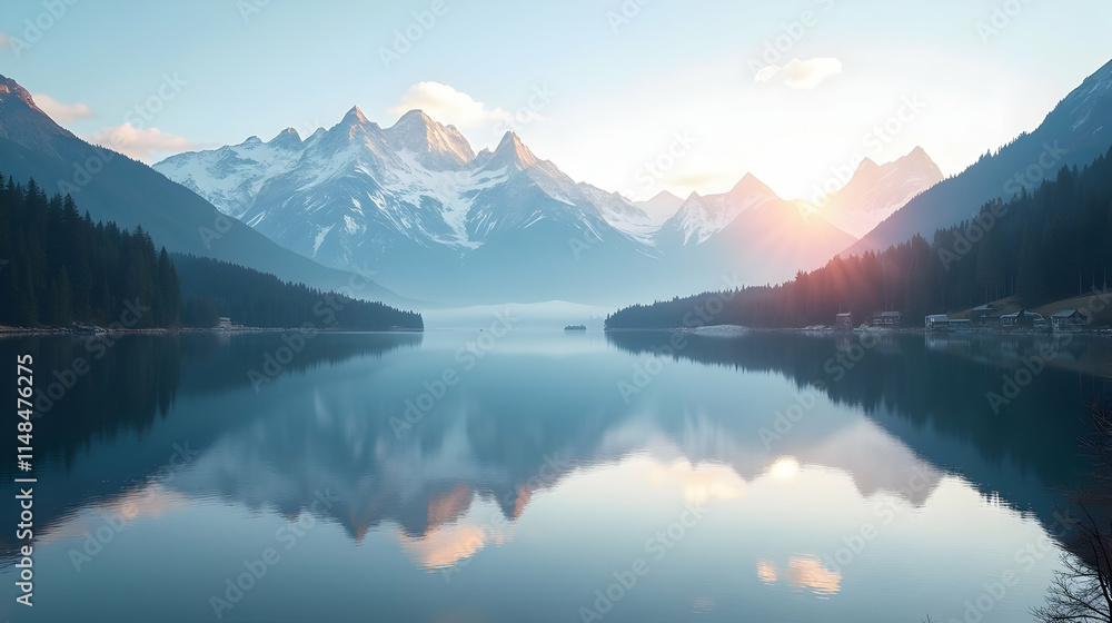 Majestic mountain peaks reflected in a tranquil lake at sunrise, creating a breathtaking mirror image of nature's serenity. Majestic mountain peaks reflected in a tranquil lake at sunrise, creating a breathtaking mirror image of nature's serenity.