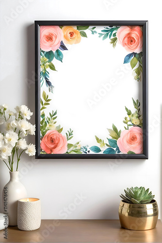 A stylish floral photo frame is hung on the wall above a shelf, next to a bouquet of flowers and candle.