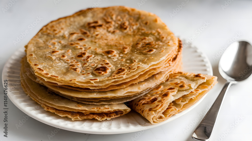 A photo of a stack of parathas on a white plate. A photo of a stack of parathas on a white plate.