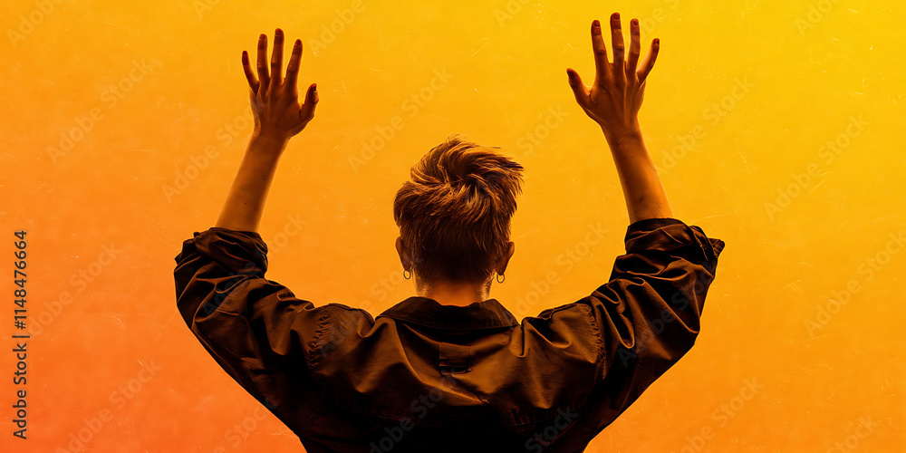 A warm isolated on white background cutout png design asset of a person with short hair, wearing a dark outfit, and standing against a warm background A warm isolated on white background cutout png design asset of a person with short hair, wearing a dark outfit, and standing against a warm background