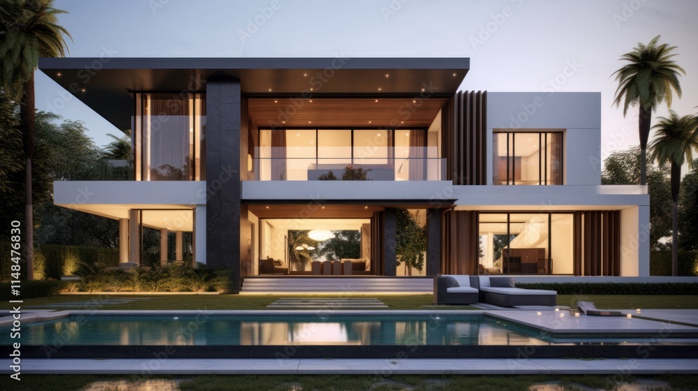 Fototapeta premium Modern Two Story House With Pool And Landscaping