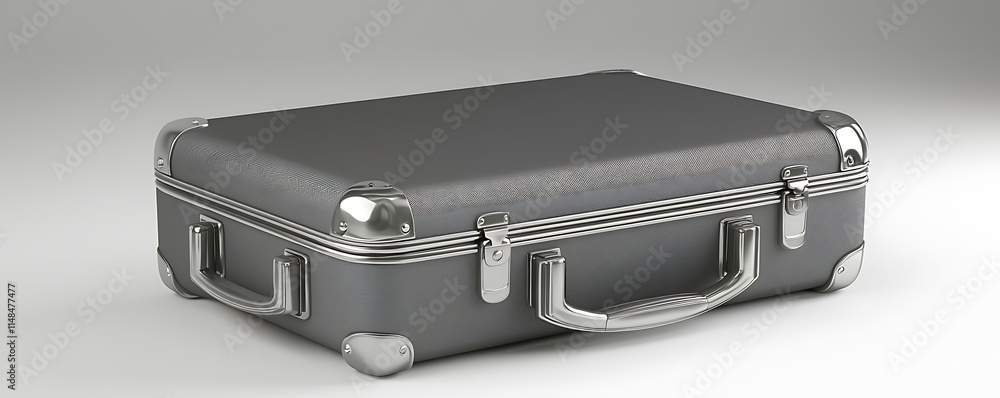 Compact grey suitcase with a polished surface, isolated on a clean white backdrop, high-resolution 3D rendering with studio lighting. Compact grey suitcase with a polished surface, isolated on a clean white backdrop, high-resolution 3D rendering with studio lighting.