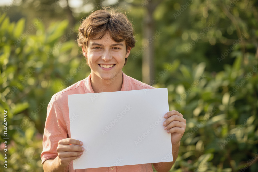 An advertisement studio template portrait photo of a person: a young man with a bright smile on his face, holding up a blank sign in front of a backdrop of trees. An advertisement studio template portrait photo of a person: a young man with a bright smile on his face, holding up a blank sign in front of a backdrop of trees.