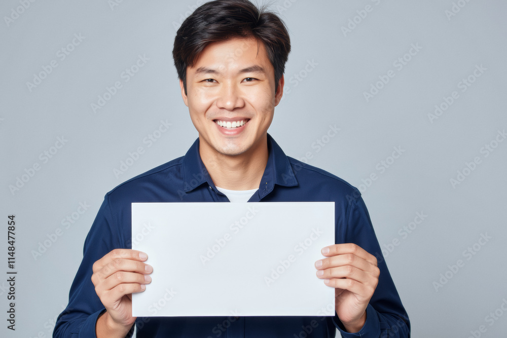 An advertisement studio template portrait photo of a person: a man with a bright smile on his face, holding a blank white sign in his hands. An advertisement studio template portrait photo of a person: a man with a bright smile on his face, holding a blank white sign in his hands.