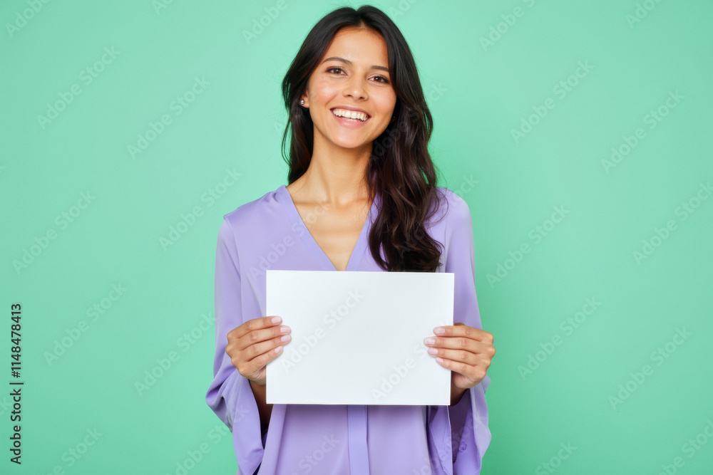 An advertisement studio template portrait photo of a person: a woman with a bright smile on her face, holding a blank white paper in her hands against a green background. An advertisement studio template portrait photo of a person: a woman with a bright smile on her face, holding a blank white paper in her hands against a green background.