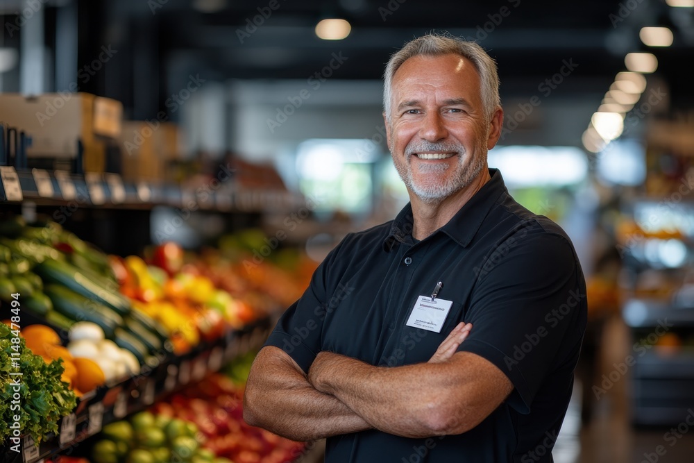 Fototapeta premium A confident male grocery store employee stands proudly in front of fresh fruits and vegetables, showcasing commitment to healthy eating and excellent customer service.