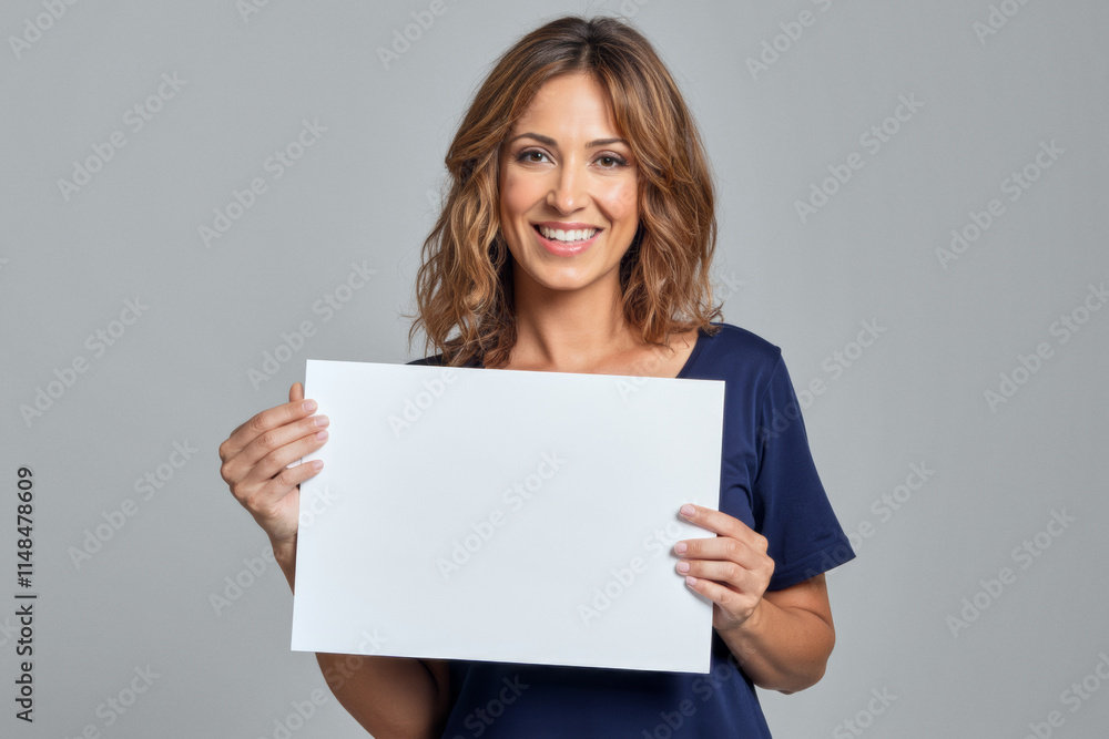 An advertisement studio template portrait photo of a person: a woman with a bright smile on her face, holding a blank white sign in her hands against a grey background. An advertisement studio template portrait photo of a person: a woman with a bright smile on her face, holding a blank white sign in her hands against a grey background.