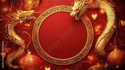Wallpaper Mural Dynamic golden dragon framing a blank circle for product use, surrounded by glowing lanterns and heart motifs on a romantic red background. Torontodigital.ca
