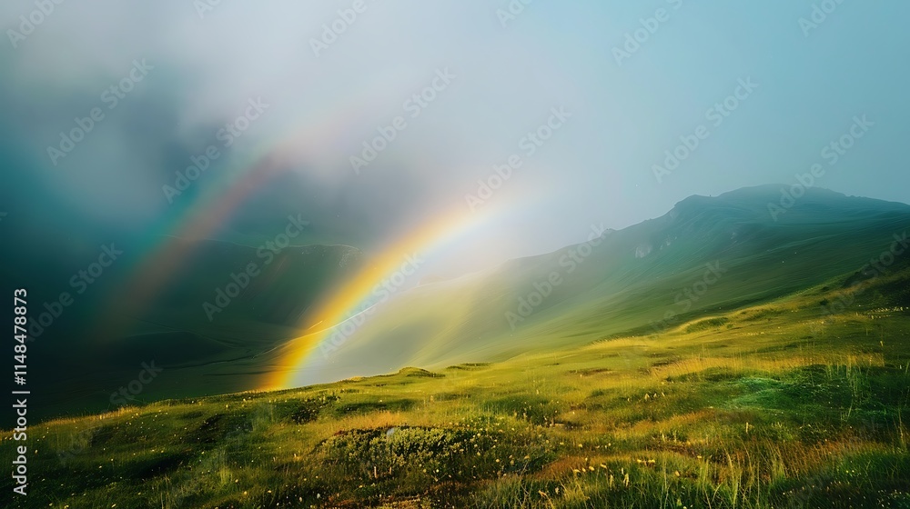 Foggy hills emerging under a bright post-rain rainbow with cinematic clarity, Foggy hills emerging under a bright post-rain rainbow with cinematic clarity,