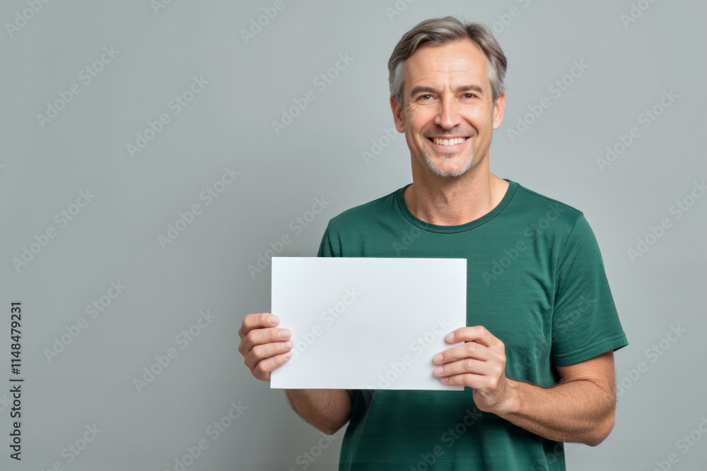 An advertisement studio template portrait photo of a person: a mature man with a bright smile on his face, holding a blank white paper in his hands against a grey background. An advertisement studio template portrait photo of a person: a mature man with a bright smile on his face, holding a blank white paper in his hands against a grey background.