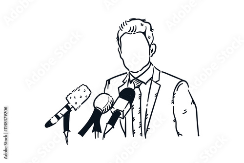 Politicians or businessmen being interviewed in front of the public, hand drawn line sketch vector illustration