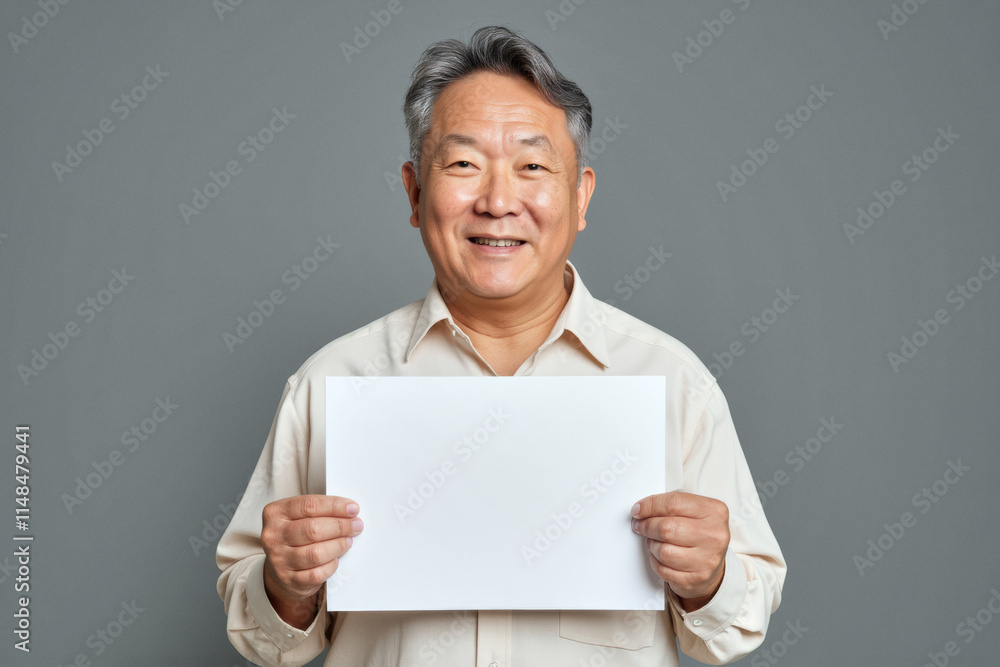 An advertisement studio template portrait photo of a person: an Asian man with a bright smile on his face, holding a blank white sign in his hands. An advertisement studio template portrait photo of a person: an Asian man with a bright smile on his face, holding a blank white sign in his hands.