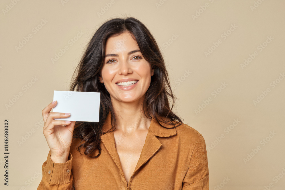 An advertisement studio template portrait photo of a person: a woman with a bright smile on her face, holding up a white business card in her hand. An advertisement studio template portrait photo of a person: a woman with a bright smile on her face, holding up a white business card in her hand.