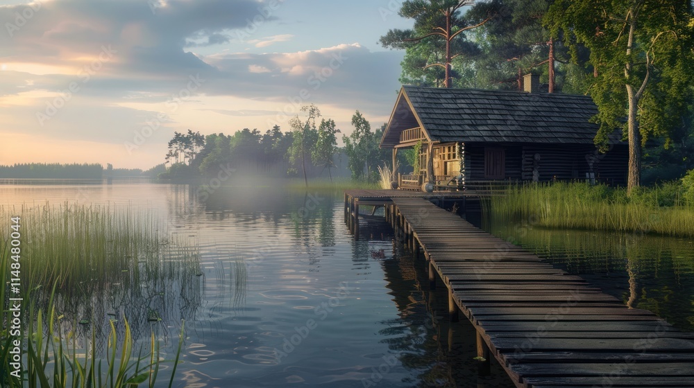 Fototapeta premium A peaceful lake house, with a dock leading to calm waters and a charming rustic design,