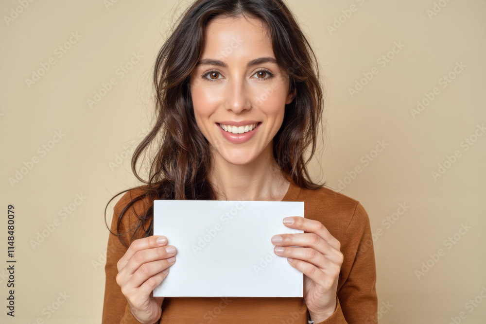 An advertisement studio template portrait photo of a person: a woman with a bright smile on her face, holding a blank white card in her hands against a cream-colored background. An advertisement studio template portrait photo of a person: a woman with a bright smile on her face, holding a blank white card in her hands against a cream-colored background.