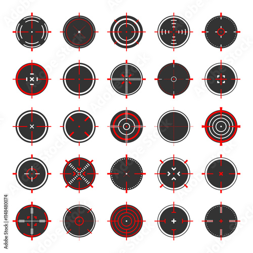 Round sniper rifle sights, weapon optical scope crosshair. Hunting gun viewfinder. Shooting mark symbol, aim. Military target sign. Game interface UI element. Vector illustration