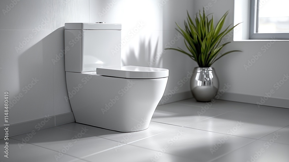 Modern white toilet with chrome handle sits on light gray tile floor. Clean minimalist bathroom with white walls. Plant in corner. Minimalist design. Stylish fixture. Stylish lavatory in bathroom. Modern white toilet with chrome handle sits on light gray tile floor. Clean minimalist bathroom with white walls. Plant in corner. Minimalist design. Stylish fixture. Stylish lavatory in bathroom.