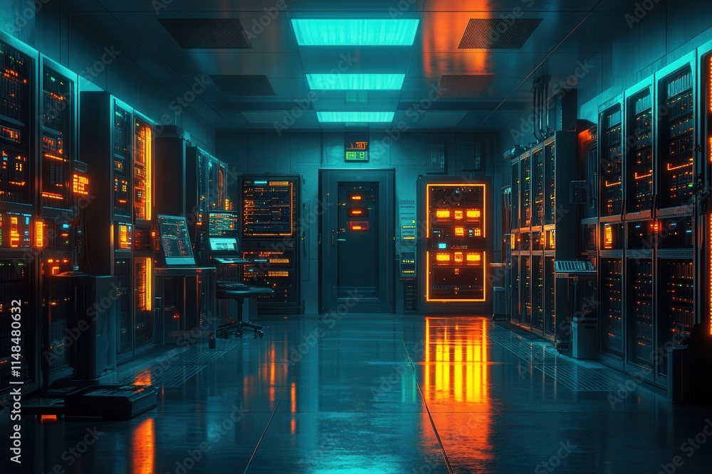A futuristic server room with glowing lights and high-tech equipment. A futuristic server room with glowing lights and high-tech equipment.